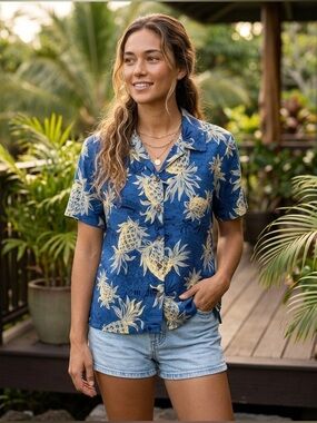 Vintage Iolani Hawaiian Silk Blue Pineapple Print Short Sleeve Shirt, Size Small